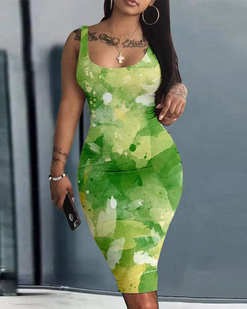 ABSTRACT PRINT SLEEVELESS BODYCON DRESS - Missyess
