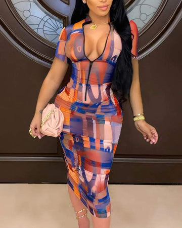 ABSTRACT PRINT ZIPPER DESIGN BODYCON DRESS - Missyess