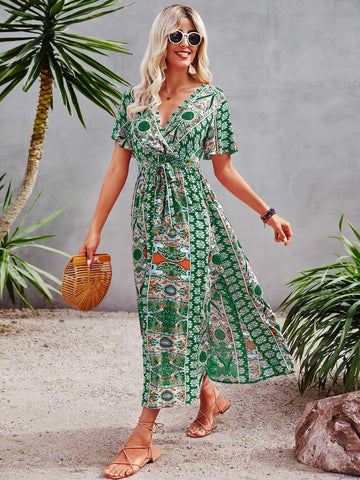 ALLOVER PRINT BUTTERFLY SLEEVE SPLIT SIDE BELTED DRESS - Missyess