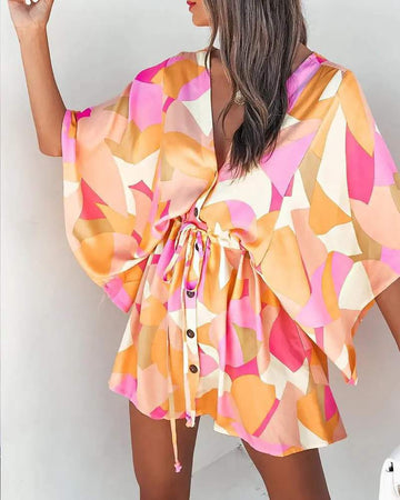 ALLOVER PRINT BUTTON FRONT DRAWSTRING CASUAL DRESS - Missyess