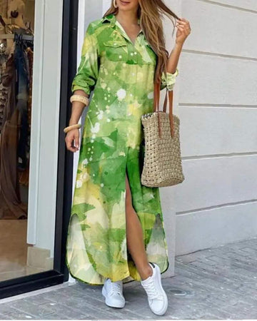 ALLOVER PRINT CURVED HEM BUTTON FRONT SHIRT DRESS - Missyess