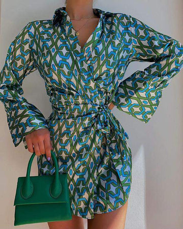 ALLOVER PRINT TIED DETAIL BELL SLEEVE SHIRT DRESS - Missyess