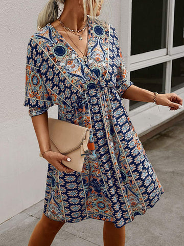 ALL OVER PRINT WRAP NECK TIE BACK DRESS - Missyess