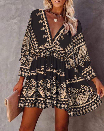 All Over Print VNeck Fold Pleated Dress - Missyess
