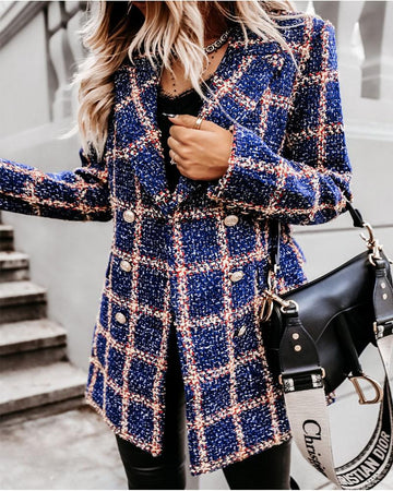 Tweed Plaid Print Double Breasted Blazer Coat