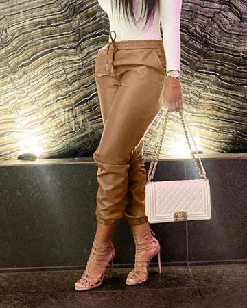 NEW PU Leather Drawstring Cuffed Pants