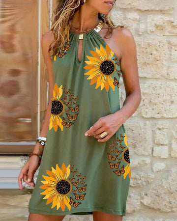 SUNFLOWER BUTTERFLY PRINT CUTOUT SLEEVELESS CASUAL DRESS