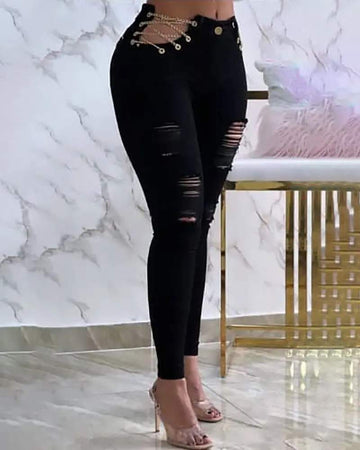 CHAIN EYELET DECOR CUTOUT SKINNY PANTS