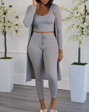 Sleeveless Crop Top Drawstring High Waist Pants Set With Coat