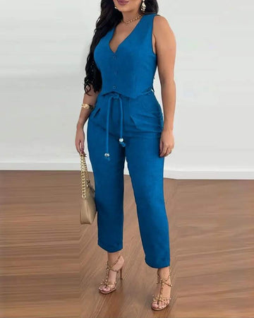 V NECK BUTTONED VEST TOP POCKET DESIGN TIED DETAIL PANTS SET