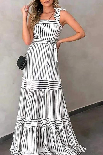 STRIPE BOW TIE BELTED MAXI DRESS
