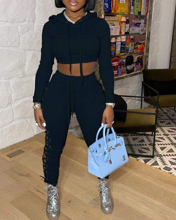Kangaroo Pocket Drawstring Crop Hoodie Grommet Eyelet LaceUp Pants Set