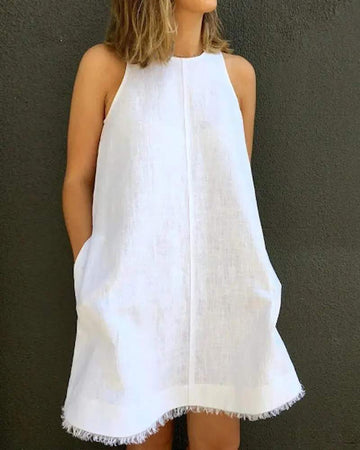 SLEEVELESS POCKET DESIGN RAW HEM CASUAL DRESS
