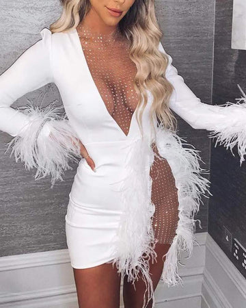 RHINESTONE PATCH SHEER MESH FEATHER TRIM PARTY DRESS