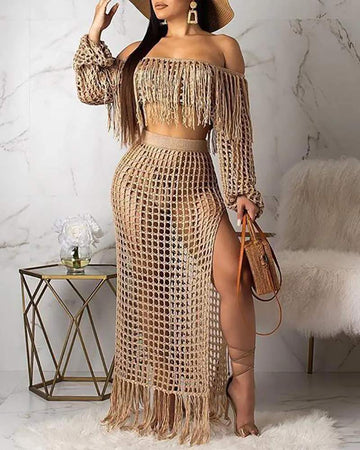 CROCHET CASUAL MESH TASSEL BEACH TOP SKIRT SETS SWIMWEAR COVER UPS