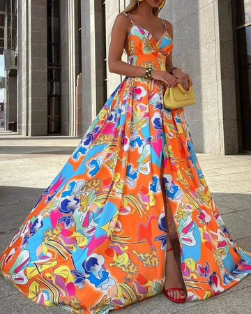SLEEVELESS HIGH SLIT ALLOVER PRINT MAXI DRESS