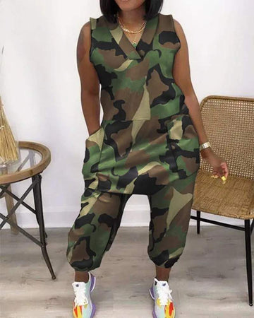 CAMOUFLAGE SLEEVELESS POCKET DESIGN V NECK JUMPSUIT