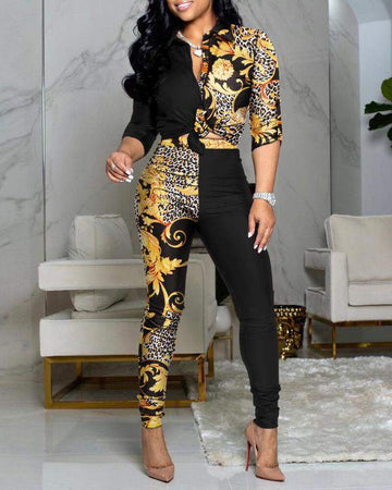 NEW Scarf Print Colorblock Knot Front Buttoned Top High Waist Pants Set