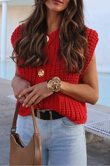 SLEEVELESS POCKET CROPPED KNIT CARDIGAN VEST