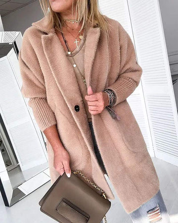 WARM KHAKI SOLID FLUFFY OPEN FRONT LONG COAT