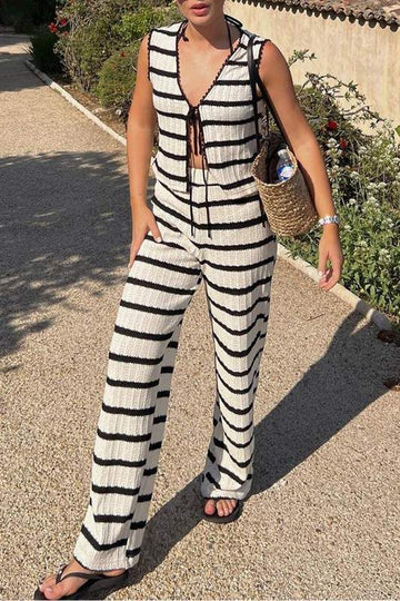 STRIP KNITTED TOP PANTS SET