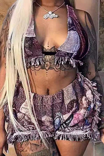 GRAPHIC FRINGES SHORTS SET