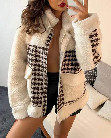 CONTRAST HOUNDSTOOTH LONG SLEEVE TEDDY COAT