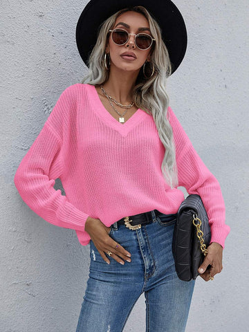 SOLID DROP SHOULDER V NECK SWEATER