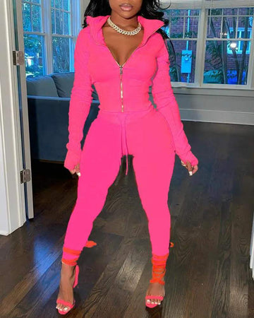 LONG SLEEVE ZIP UP TOP DRAWSTRING PANTS SET