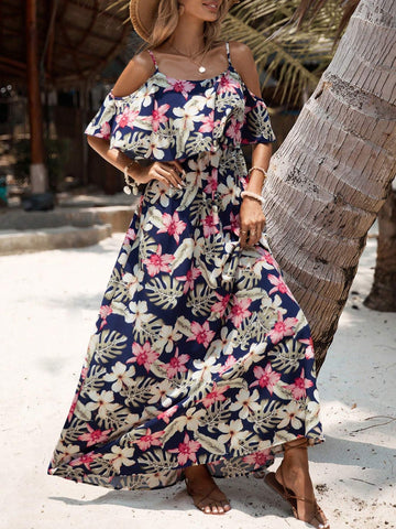 VCAY TROPICAL FLORAL PRINT COLD SHOULDER RUFFLE TRIM DRESS
