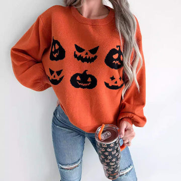 HALLOWEEN PUMPKIN FACE PATTERN SHOULDER SWEATER