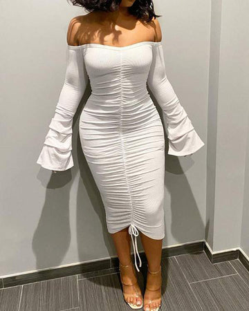 Cocktail Midi Dress, Fashionable Ruffle Sleeve Style