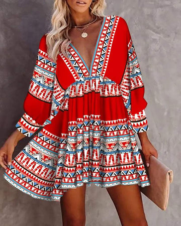 TRIBAL PRINT V BACK TIED DETAIL SWING DRESS