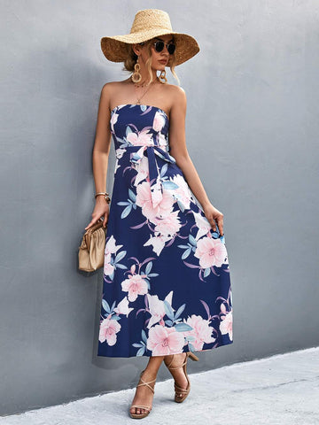 Green Floral Belted Strapless Midi Dress