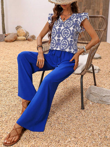 LUNE GRAPHIC PRINT BUTTERFLY SLEEVE TOP BELTED WIDE LEG PANTS