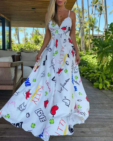 LETTER HEART PRINT BACKLESS CAMI MAXI DRESS