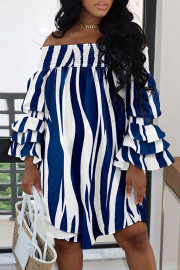 CASUAL PRINT PATCHWORK OFF THE SHOULDER LONG SLEEVE DRESSES