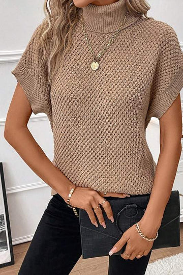 RIBBED TURTLENECK TEXTURED SHORT SLEEVE SWEATER