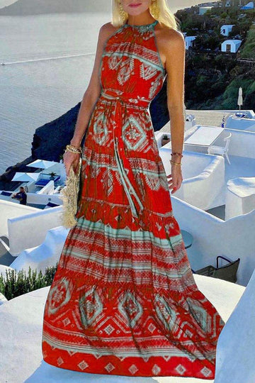 Halter Neck Wrap Dress with Ethnic Print