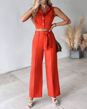 BUTTONED VEST TOP TIED DETAIL STRAIGHT LEG PANTS SET