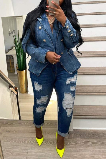 DOUBLE BREASTED DENIM BLAZER JACKET COATS