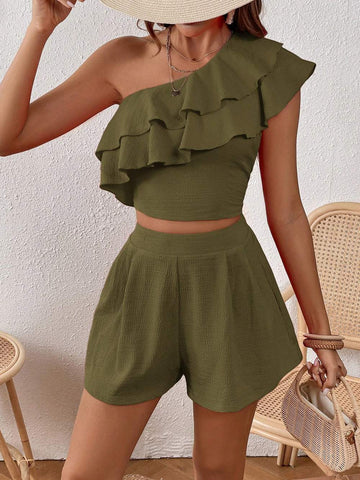 VCAY ONE SHOULDER RUFFLE TRIM TOP SHORTS