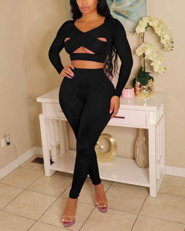 Long Sleeve Cutout Wrap Crop Top Skinny Pants Set