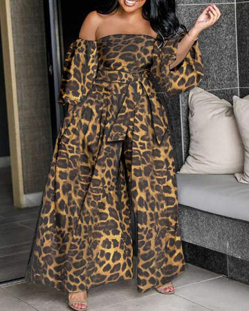 Printed Floral Off Shoulder Bowknot Lantern Sleeve Wide Leg Jumpsuit