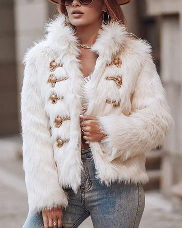BUTTONED LONG SLEEVE FAUX FUR FLUFFY COAT