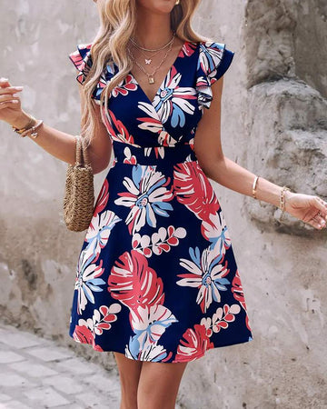 FLORAL PRINT RUFFLE HEM CASUAL DRESS