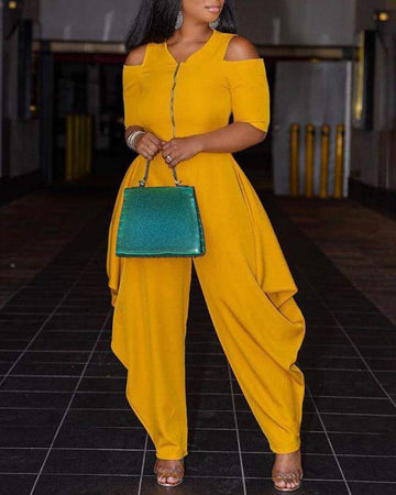 Cold Shoulder Zipper Front Ruched Harem Jumpsuit