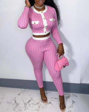 Houndstooth Print Colorblock Buttoned Crop Top Skinny Pants Set