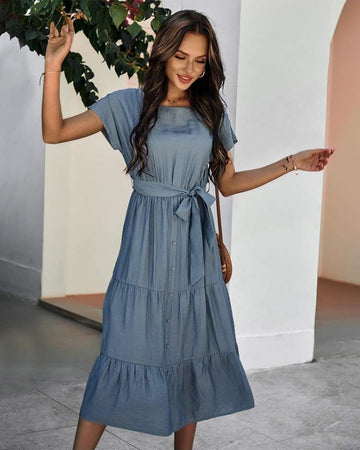CASUAL PURE COLOR ROUND NECK WOMEN S MIDI DRESS