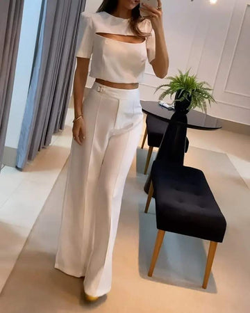 PUFF SLEEVE CUTOUT TOP WIDE LEG PANTS SET